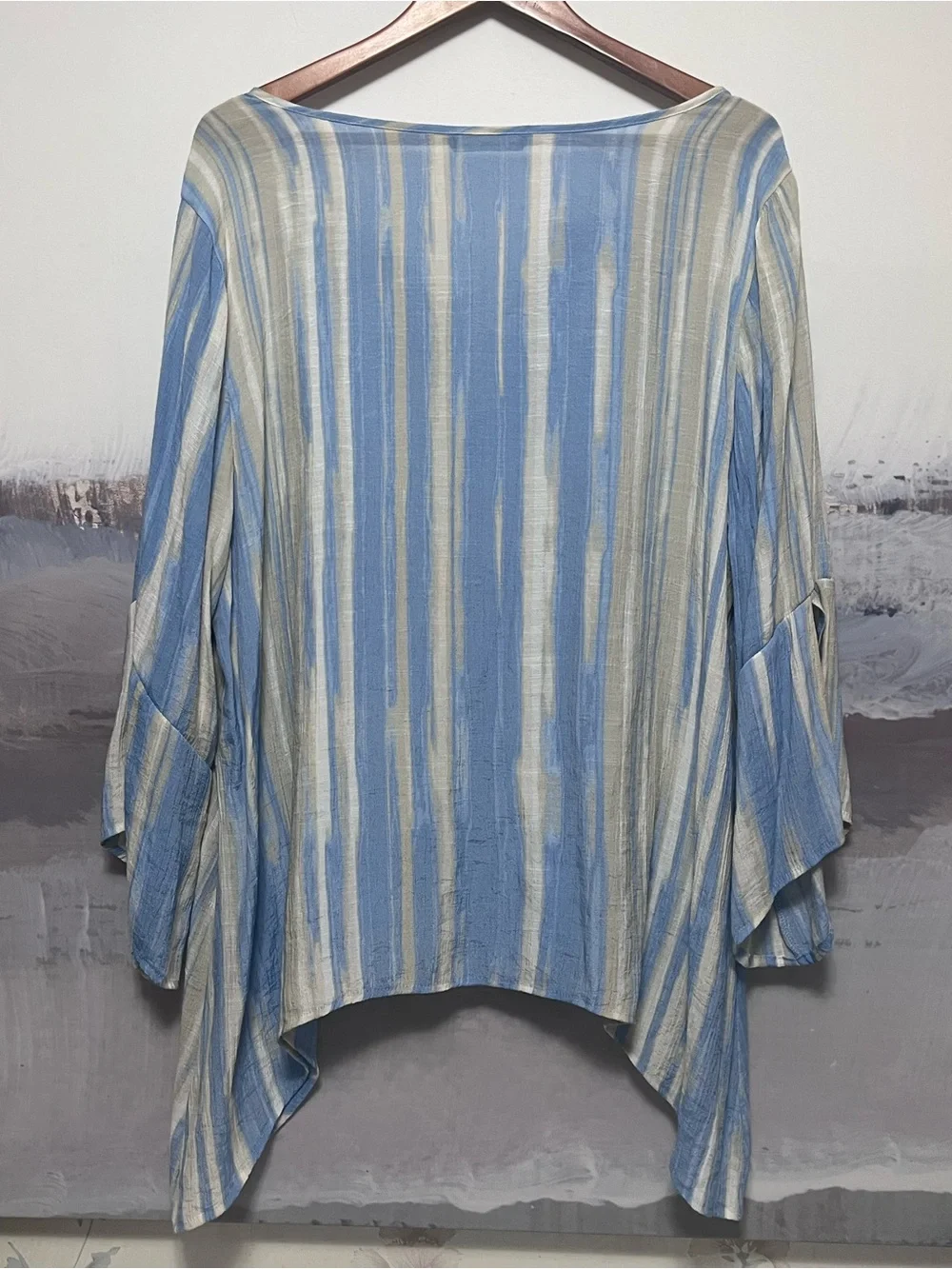 ZAC & RACHEL Boho Blue Striped Tunic Top 3X Crochet Trim Bell Sleeve Flowy